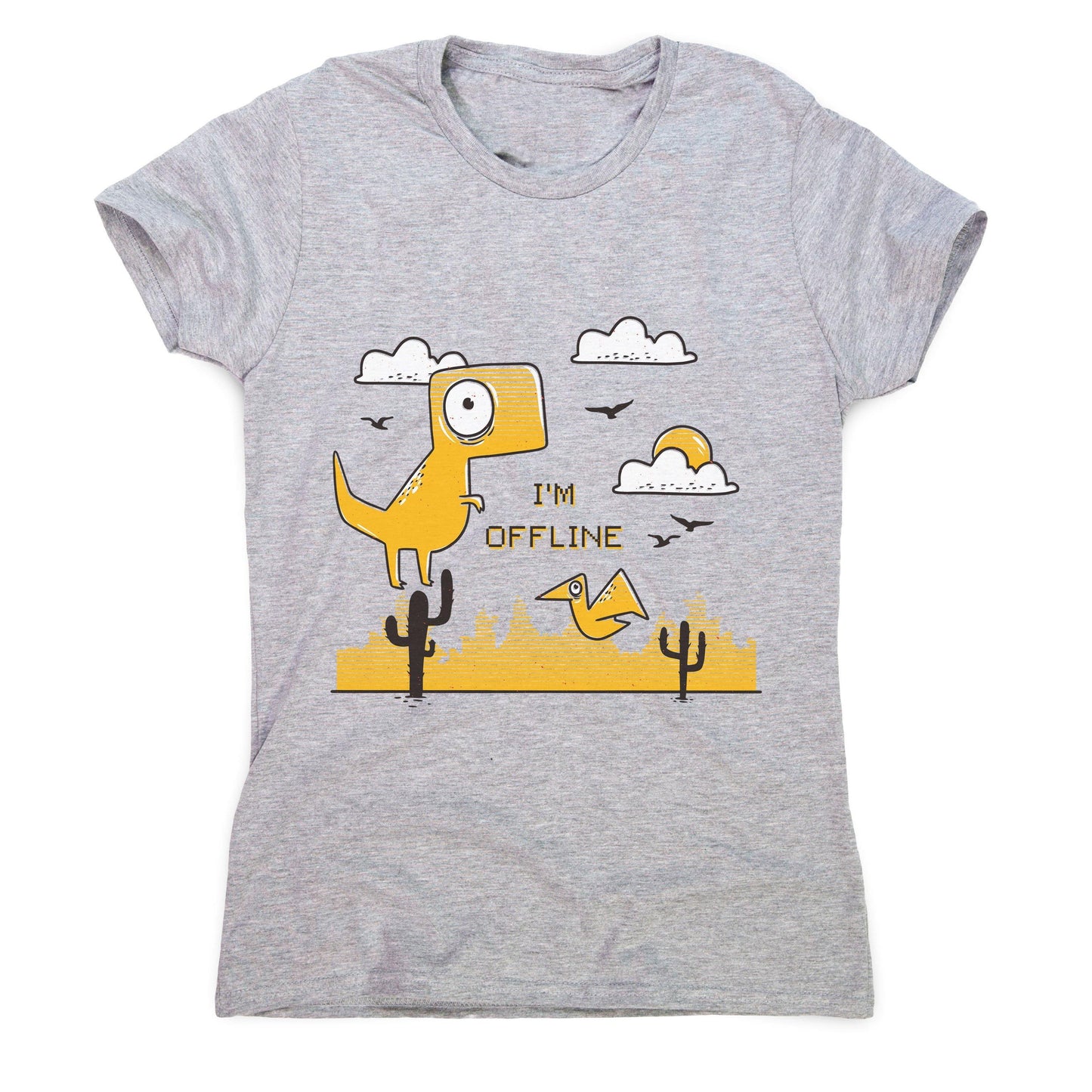 Funny jumping dino I am offline women's t-shirt