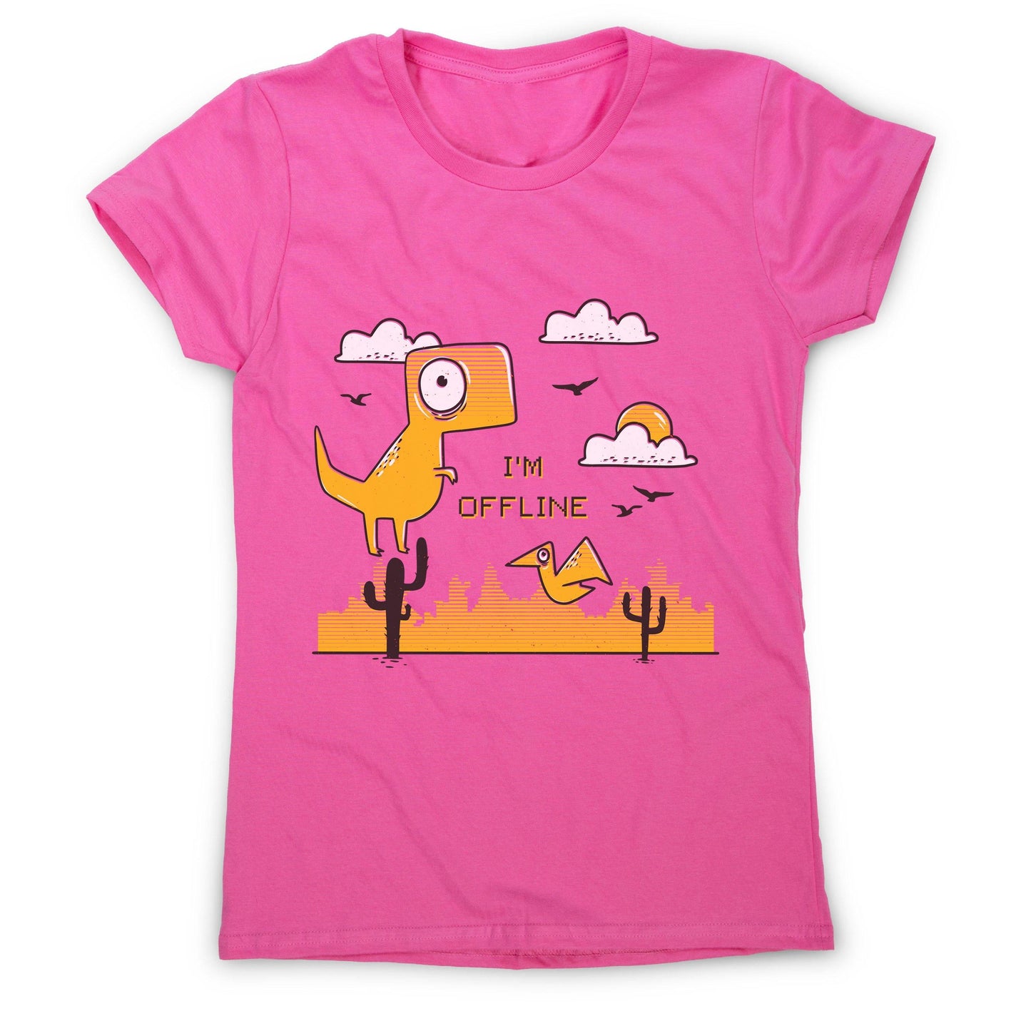Funny jumping dino I am offline women's t-shirt