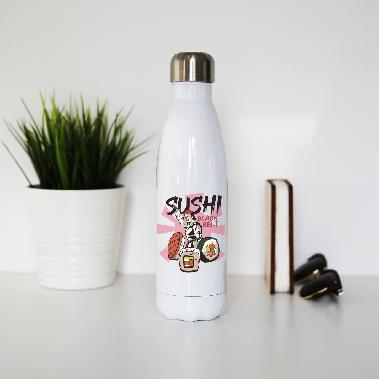 Sushi black belt funny water bottle stainless steel reusable Style001