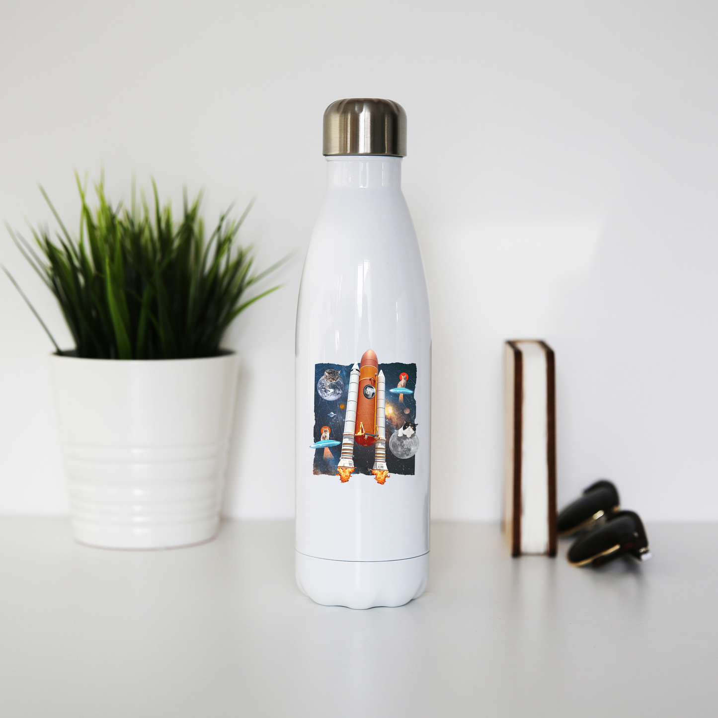 Cats in space funny collage water bottle stainless steel reusable