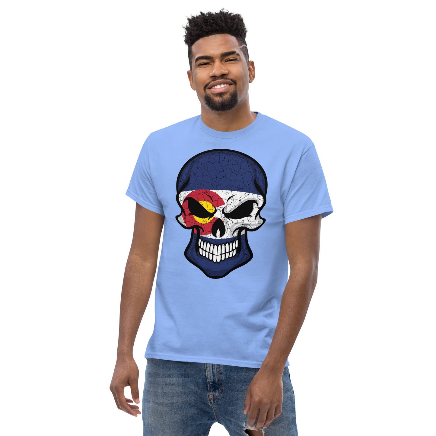 Colorado Flag Skull Tee Mountain Peaks Graphic Cotton T‑Shirt