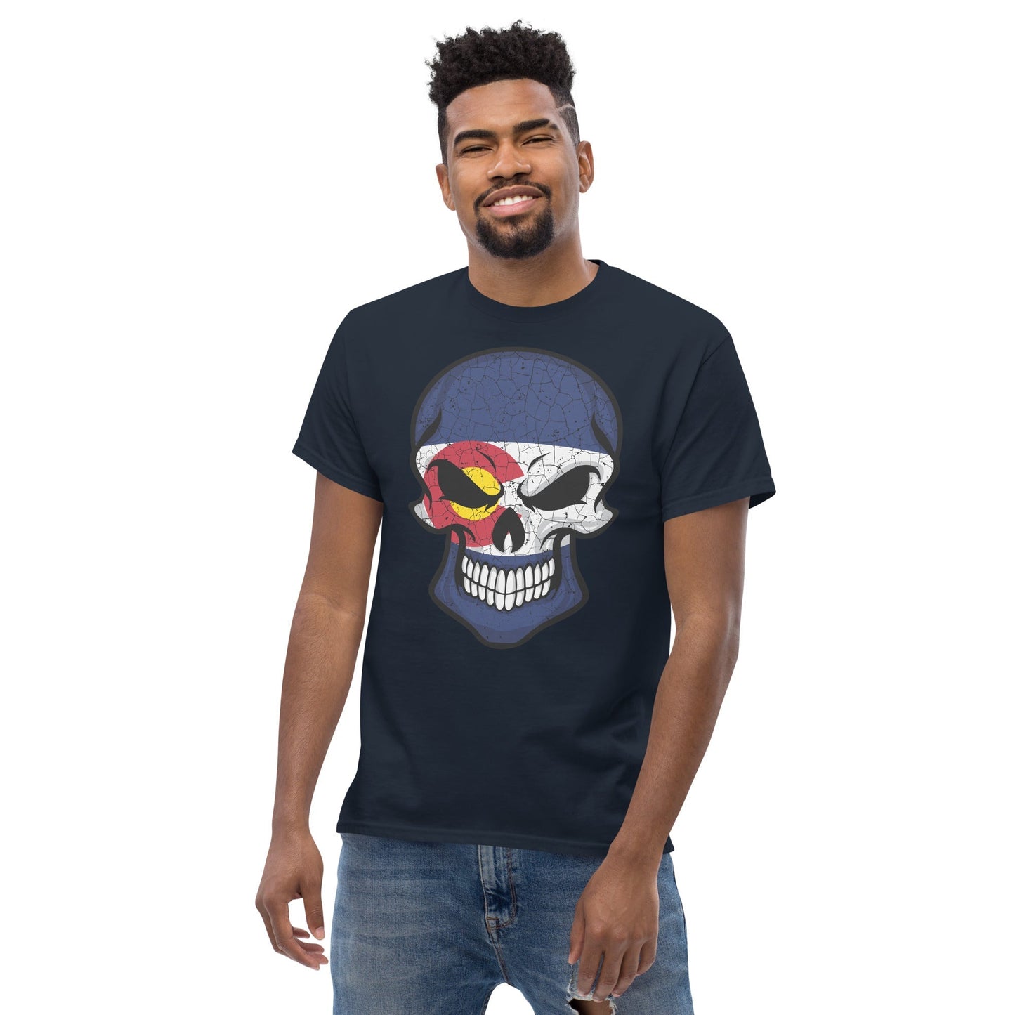 Colorado Flag Skull Tee Mountain Peaks Graphic Cotton T‑Shirt