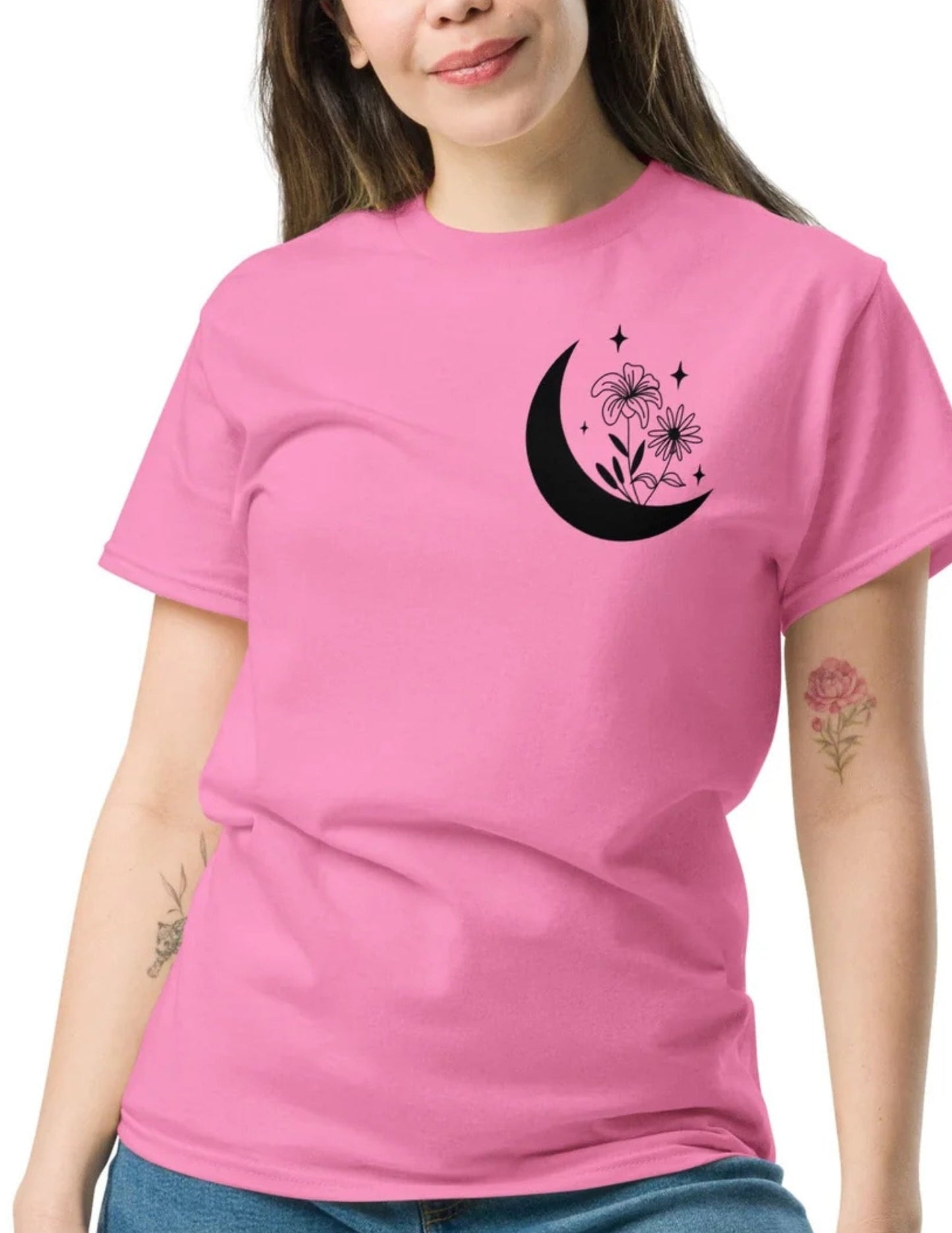 Floral Crescent Moon Women’s T‑Shirt Nature Inspired Graphic Cotton Tee
