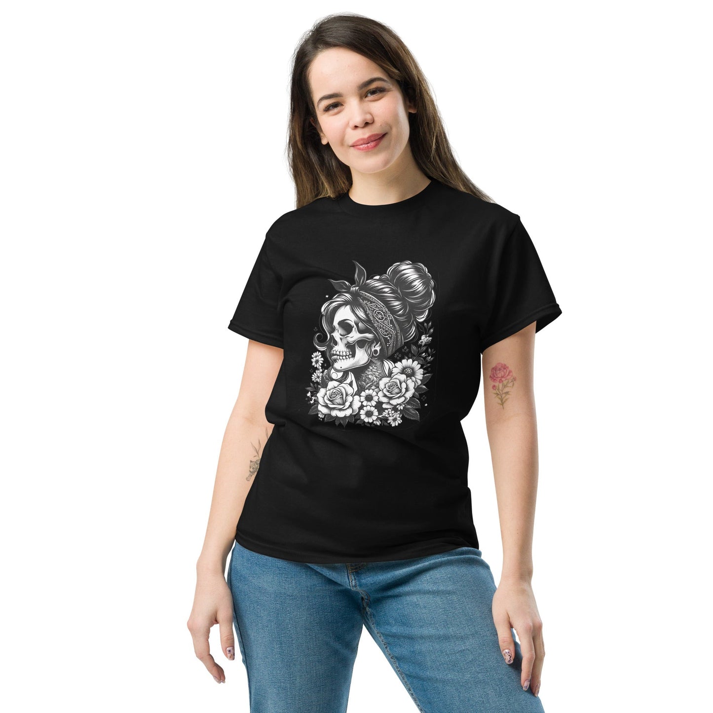 Bohemian Floral Skull Graphic Tee 100 % Cotton Women's Skull T‑Shirt