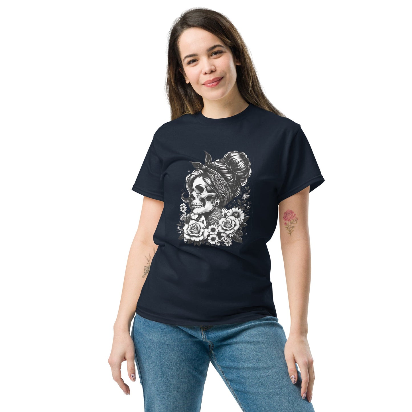 Bohemian Floral Skull Graphic Tee 100 % Cotton Women's Skull T‑Shirt