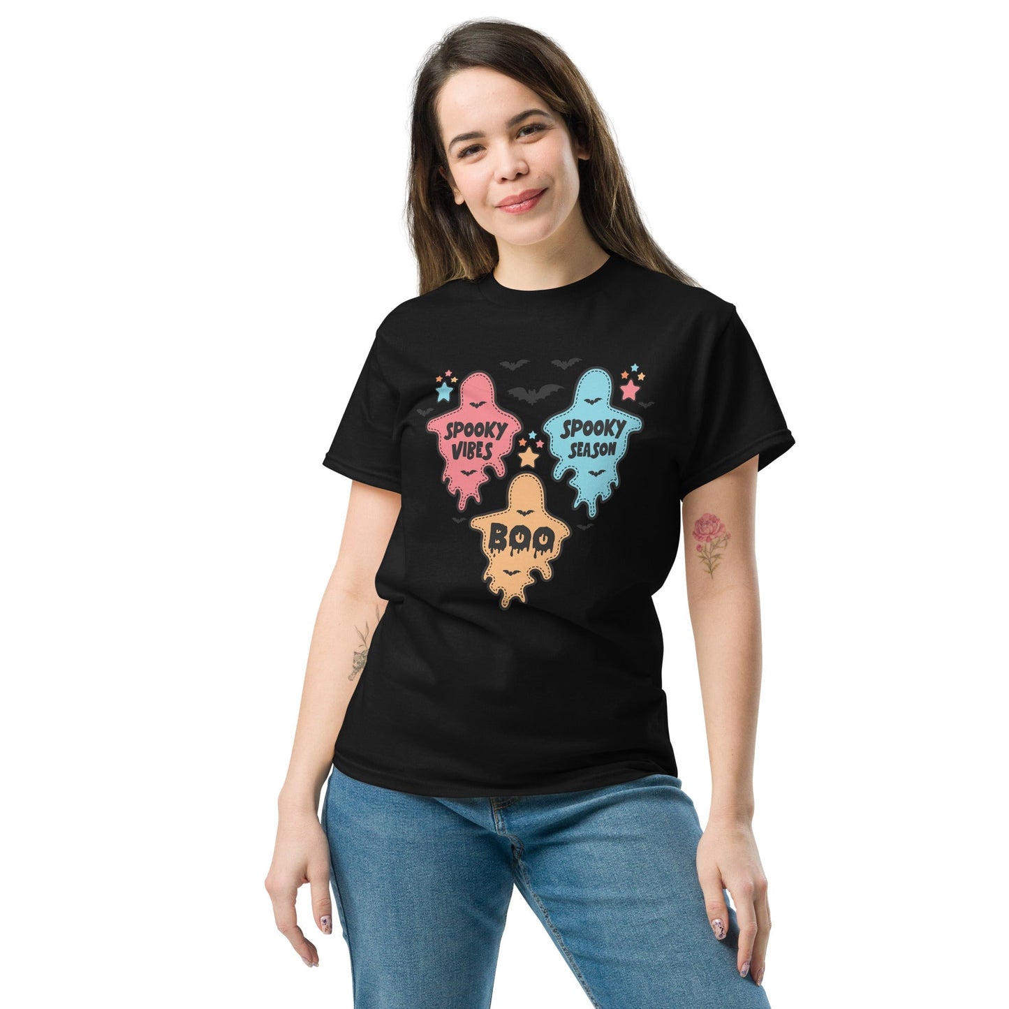 Spooky Season T‑Shirt Ghost Trio Graphic Tee 100% Cotton
