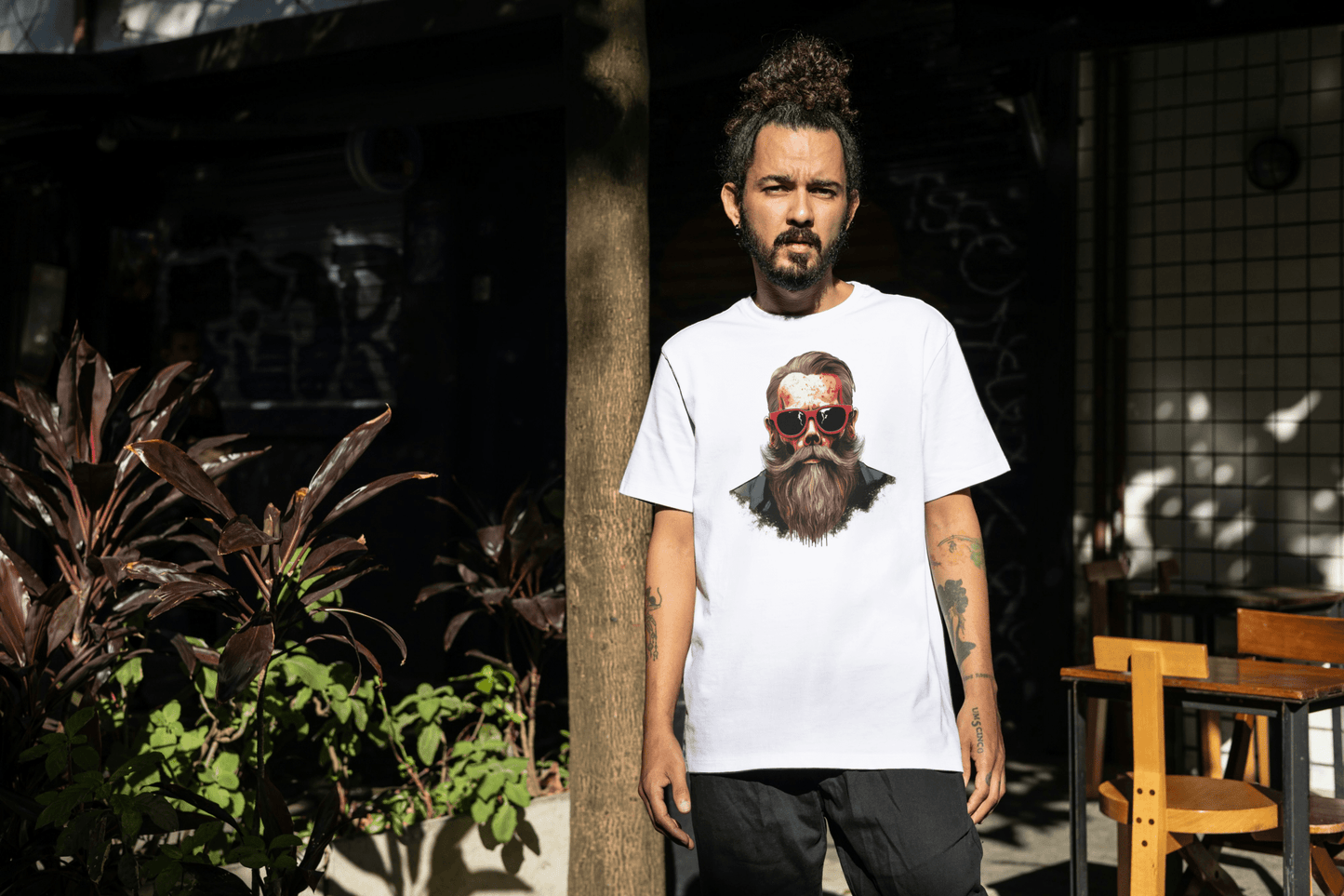 Hipster Skull Men’s T‑Shirt Cool Beard & Glasses Graphic Tee Mens Cotton