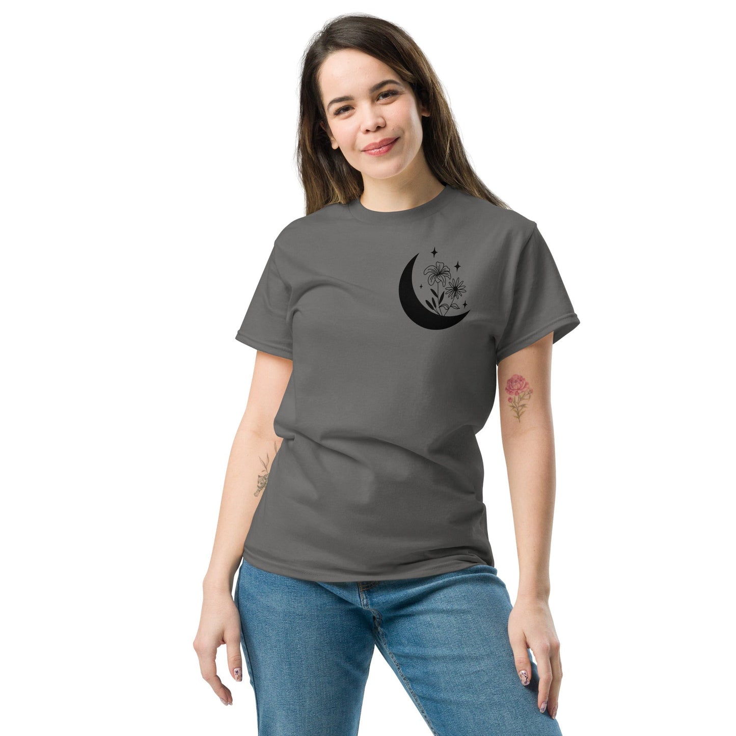 Floral Crescent Moon Women’s T‑Shirt Nature Inspired Graphic Cotton Tee