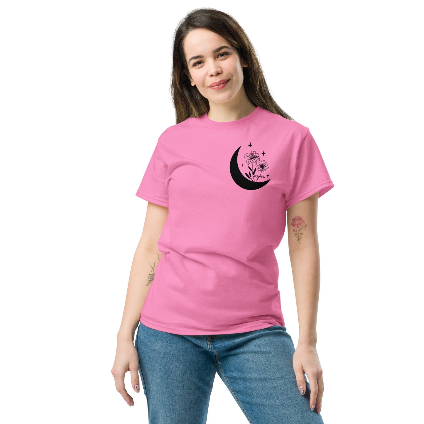 Floral Crescent Moon Women’s T‑Shirt Nature Inspired Graphic Cotton Tee
