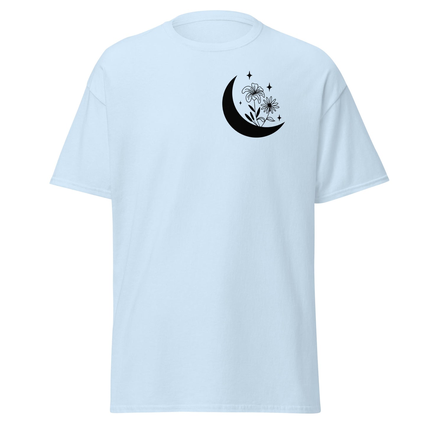 Floral Crescent Moon Women’s T‑Shirt Nature Inspired Graphic Cotton Tee