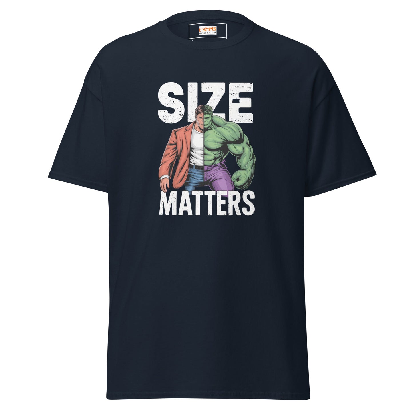 Size Matters T-Shirt Funny Superhero Parody Graphic Tee Men’s Cotton