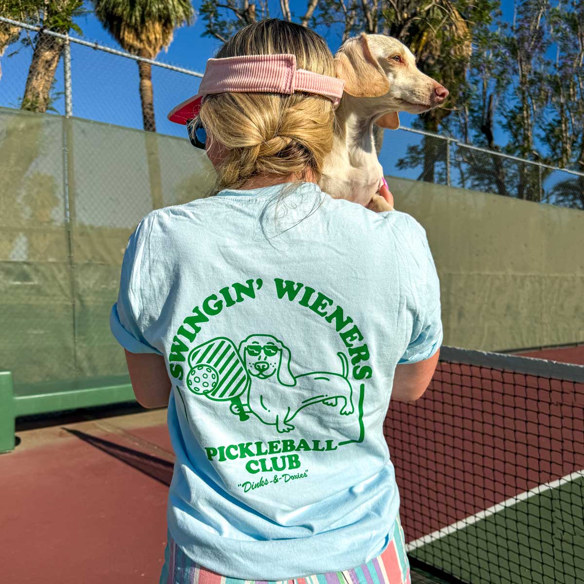 swingin’ wieners pickle ball unisex pocket tee | blue bird