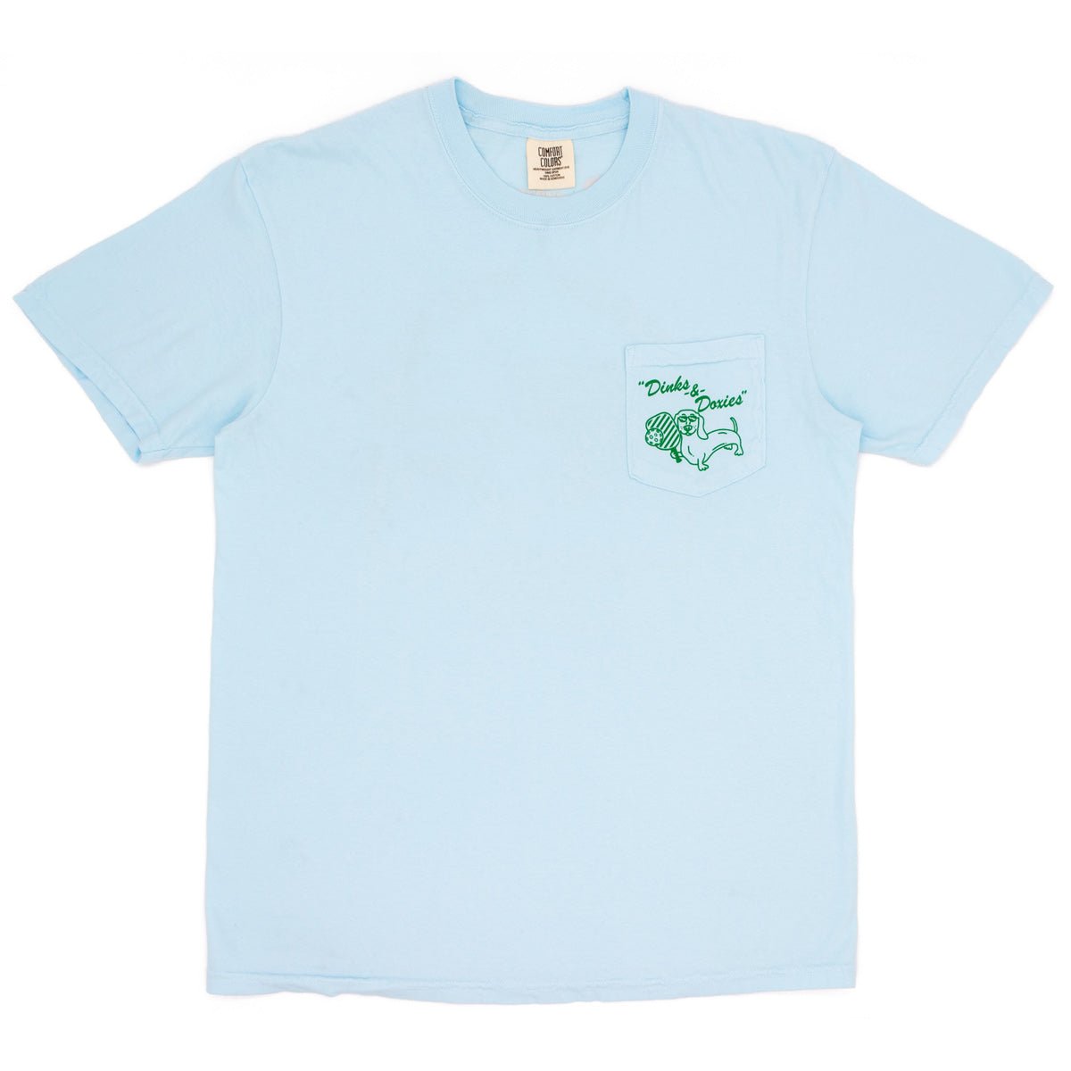 swingin’ wieners pickle ball unisex pocket tee | blue bird