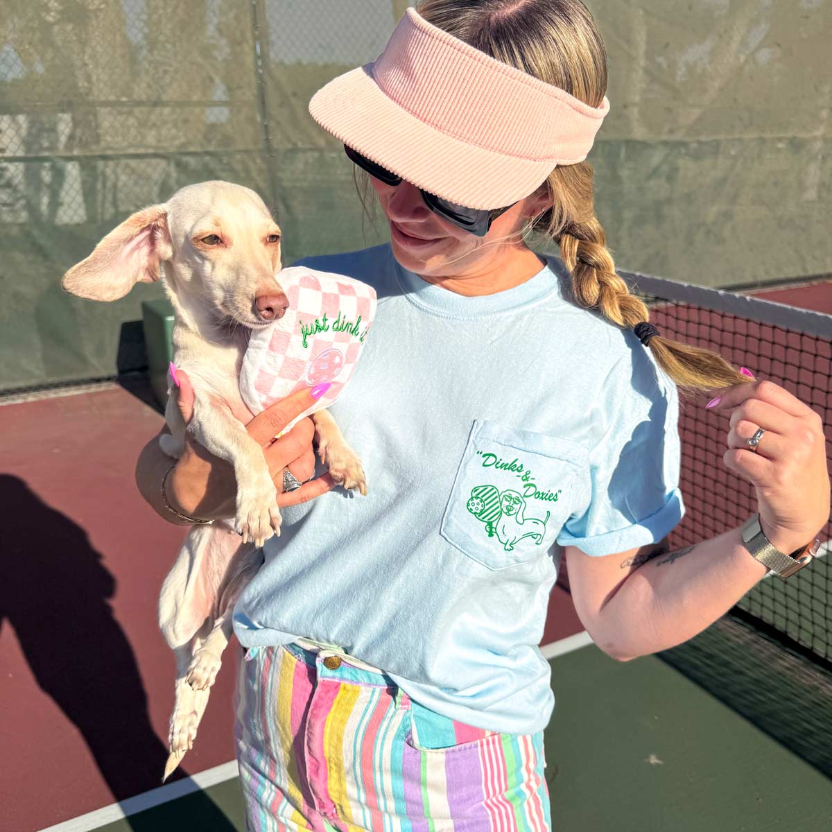swingin’ wieners pickle ball unisex pocket tee | blue bird