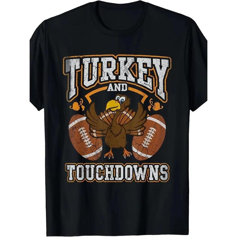 1 Piece, Men's 100% Cotton, Thanksgiving Turkey and Touchdown Football Men's T-Shirt. Classic Fit, Short Sleeve - Black, Fashion Graphic T-Shirt, Printed T-Shirt, Premium Hand Feel Cotton T-Shirt, Fine Printed T-Shirt made in usa