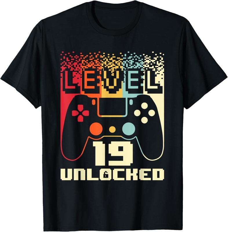 100% Cotton 19th Birthday For Men Level 19 Unlocked Gamer 19 Year Old T-Shirt
