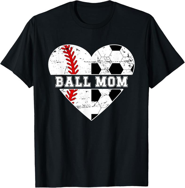 100% Cotton Ball Mom Heart Soccer Baseball Mom Soccer Baseball Mama T-Shirt