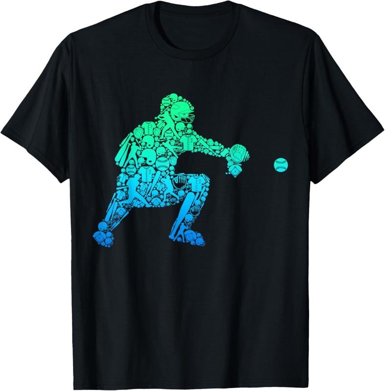 100% Cotton Baseball Catcher Player Youth Men  Boys T-Shirt