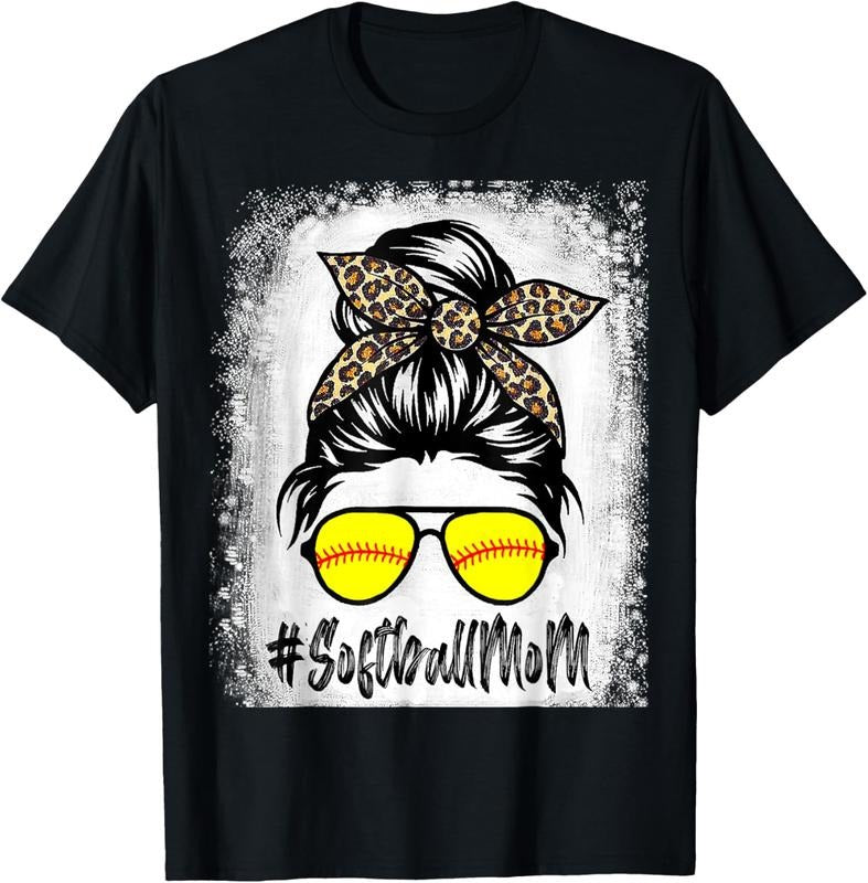 100% Cotton Bleached Softball Mom Life With Leopard and Messy Bun Player T-Shirt
