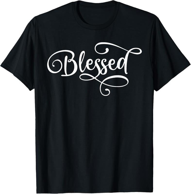 100% Cotton Blessed White Fancy Script Christian Religious God Jesus T-Shirt