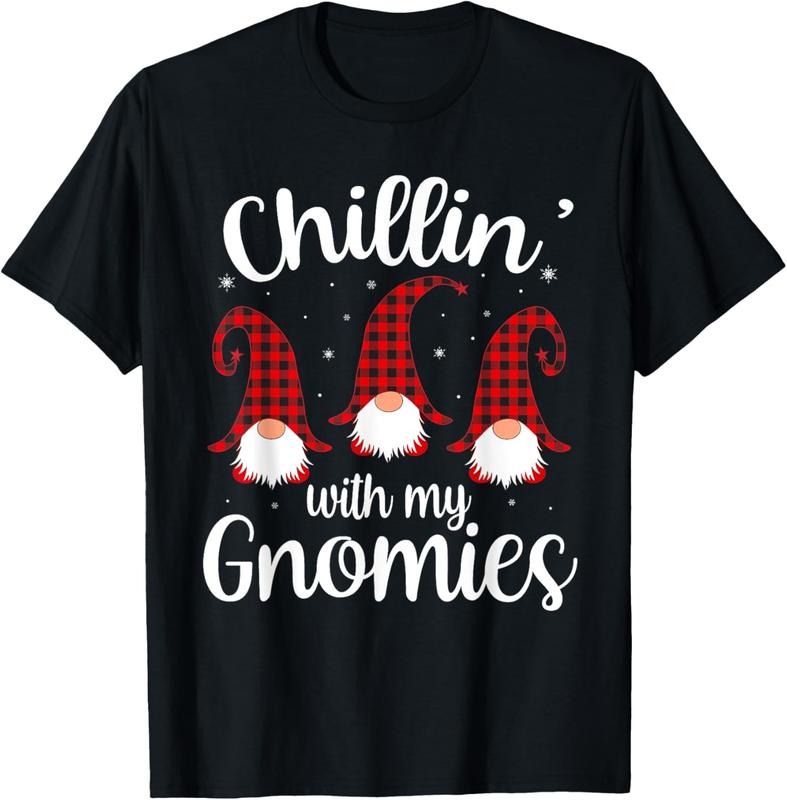 100% Cotton Chillin' With My Gnomies Buffalo Red Plaid Christmas Gnome T-Shirt