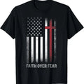 100% Cotton Christian US USA Flag American Christ Faith Over Fear Cross T-Shirt