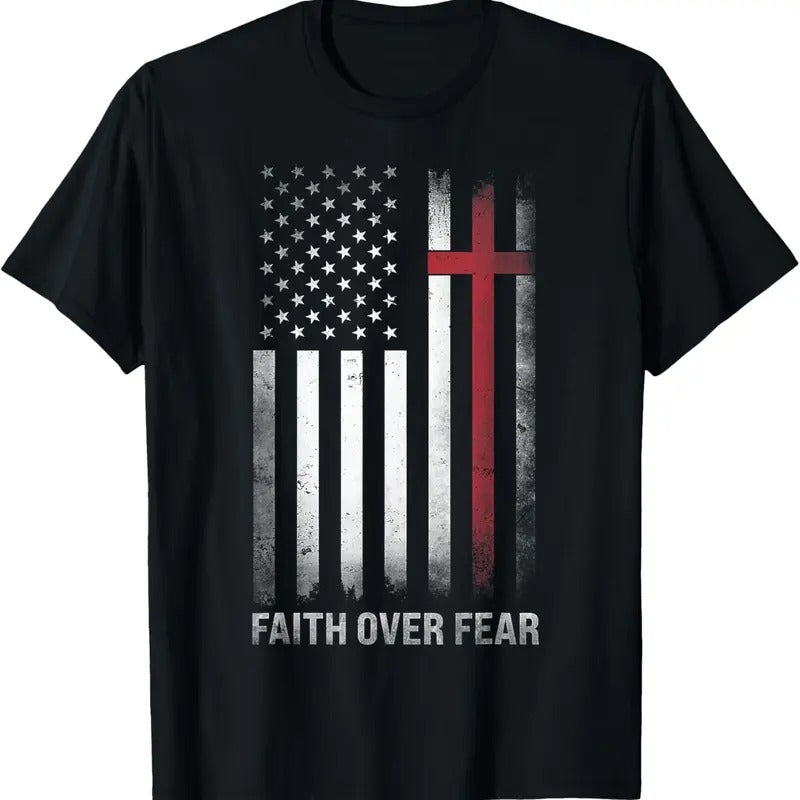 100% Cotton Christian US USA Flag American Christ Faith Over Fear Cross T-Shirt