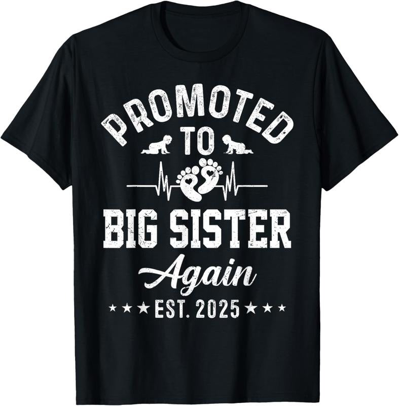 100% Cotton Promoted To Big Sister Again Est 2025 Pregnancy Announcement T-Shirt