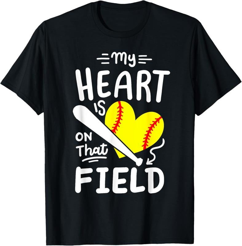 100% Cotton Softball Player Mom Grandma My Heart Is On That Field T-Shirt