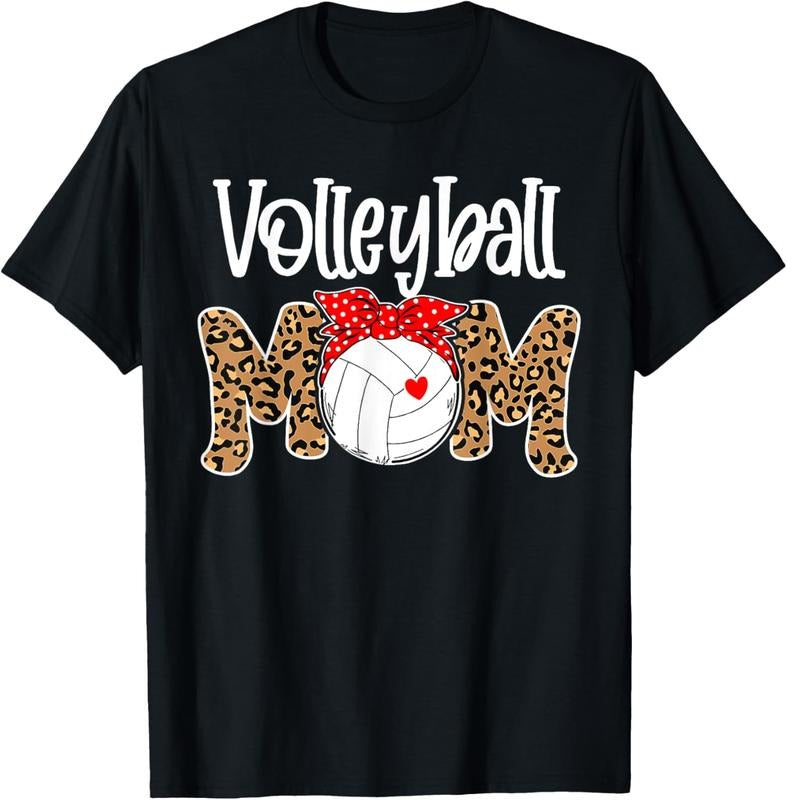 100% Cotton Volleyball Mom Leopard Messy Bun Game Day Funny Mothers Day T-Shirt