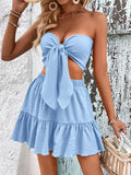 2 Piece Outfits Summer Tie Front Crop Tube Top and Ruffle Hem Short Skirt Set