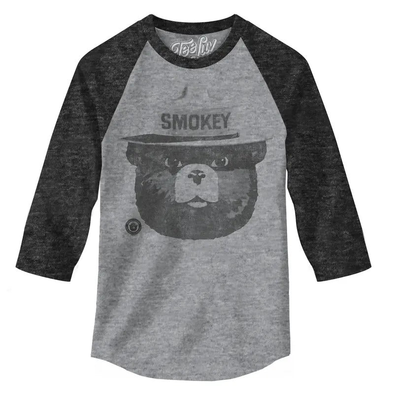Smokey Bear 3/4 Sleeve Raglan T-Shirt - Gray and Black