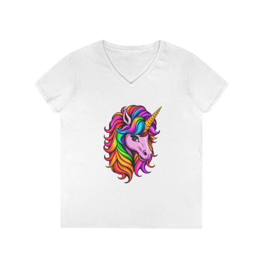 Rainbow Unicorn Ladies' V-Neck T-Shirt | Fun Graphic Tee for Women