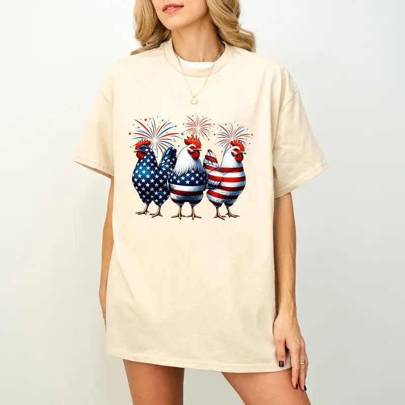 4th of July Chicken Shirt, Fourth of July T Shirt, Patriotic Mom Shirt, Gift for Her, Farm 4th of july Shirt, Woman 4th of July Shirt
