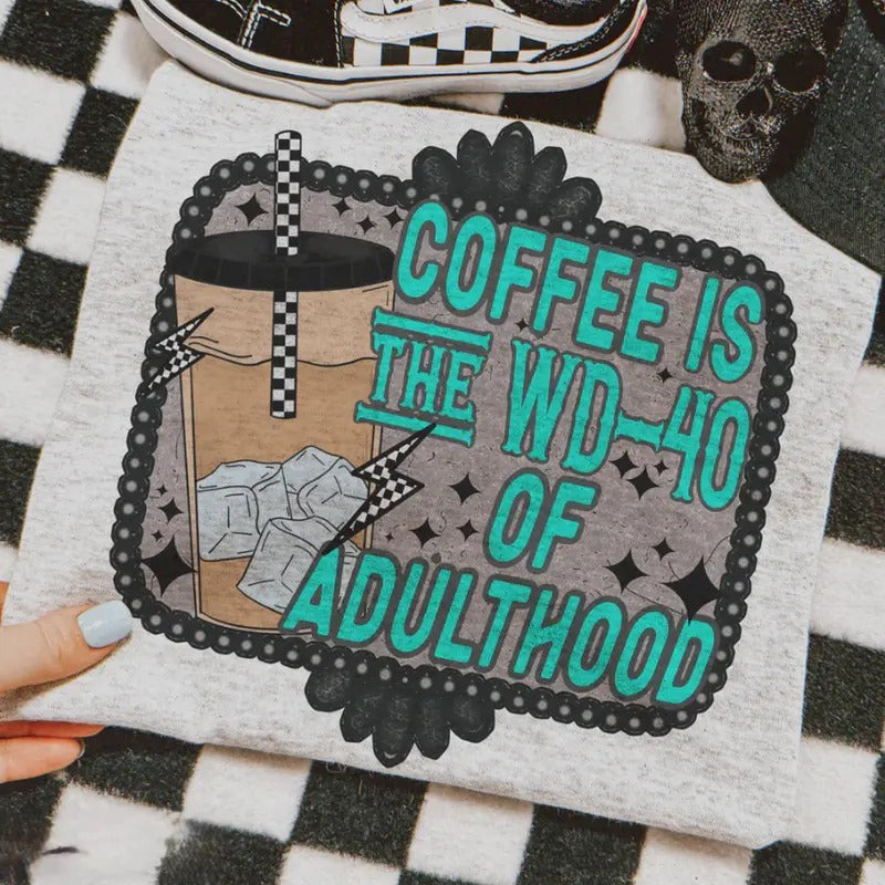 Adulthood Coffee Graphic Tshirt, Crewneck Sweatshirt cowgirl outfits clothes, western clothing, western outfit women tops, country concert outfits shirt Sweatshirt hoodie