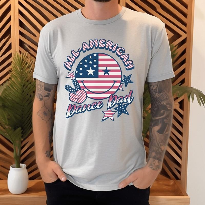 All-American Dance Dad Smiley Face Shirt, Retro Competitive Dance Dad Tee, American Flag Competition Dance Dad