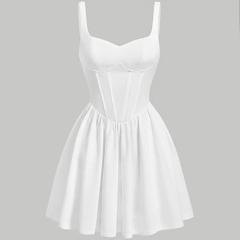 Backless Sweetheart Neck Sleeveless High Waist A Line Swing Flared Short Cami Dress