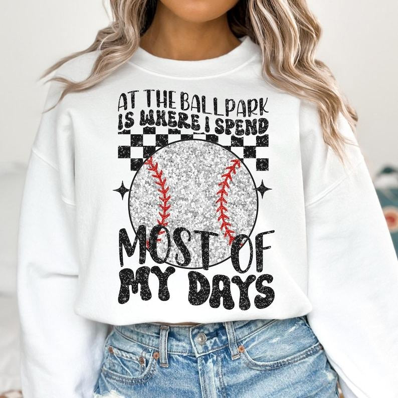 Baseball At The Ballpark , Game Day , Bow , Baseball Mama , Checkered Sweatshirt