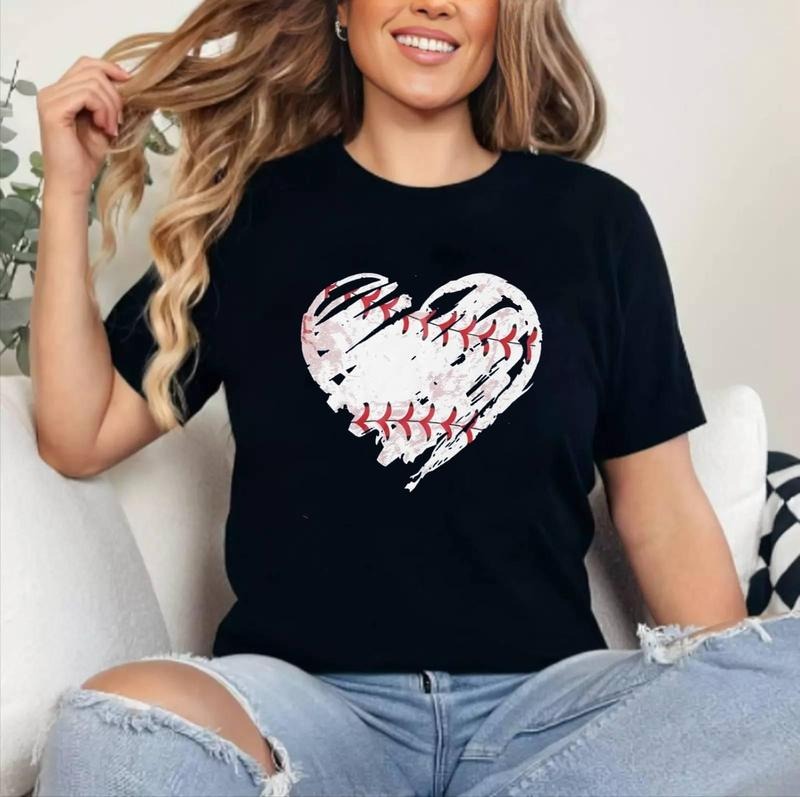 Baseball Shirts Women Baseball Mom shirt Baseball Heart Graphic Tee Game Day Gifts T-Shirt [Unisex Cotton, Short Sleeve, Crewneck, Top Womenswear]