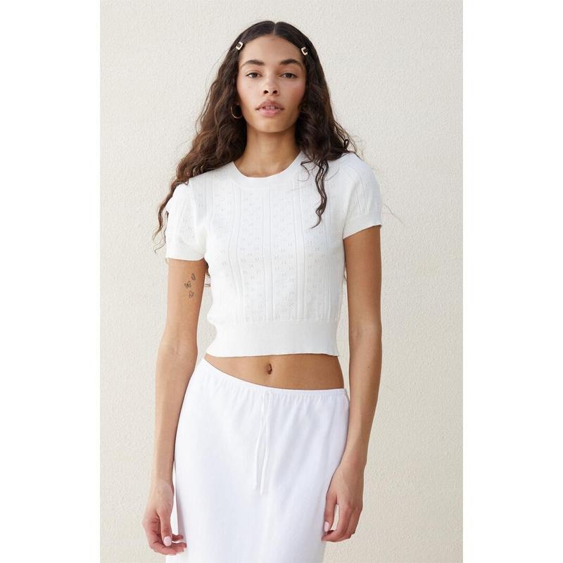 Beverly and Beck Women's Sweetheart Pointelle Short Sleeve Sweater