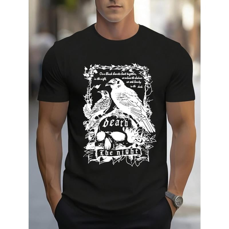 Birds Illustration Print, Men's Crew Neck Short Sleeve T-shirt, Stylish & Trendy & Cozy For Casual Summer Wear Made in USA