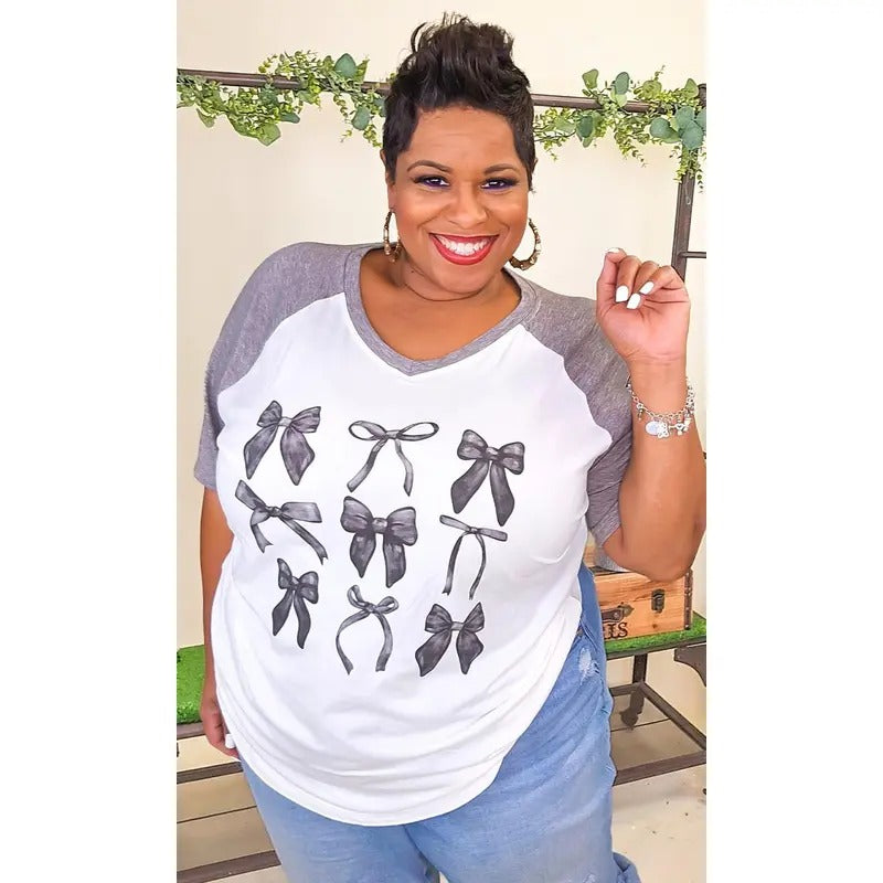 Black Coquette Bows Graphic V-Neck