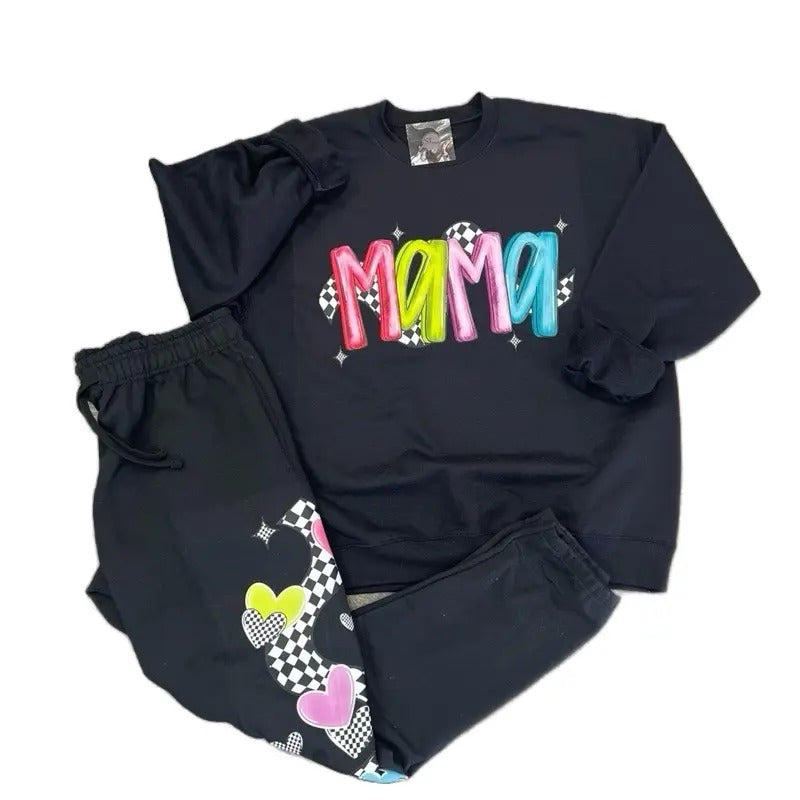 Black Neon and Checkered Mama Sweater & Jogger Pants Sold Separately - Plus Size Options for Women's Clothing - Womenswear
