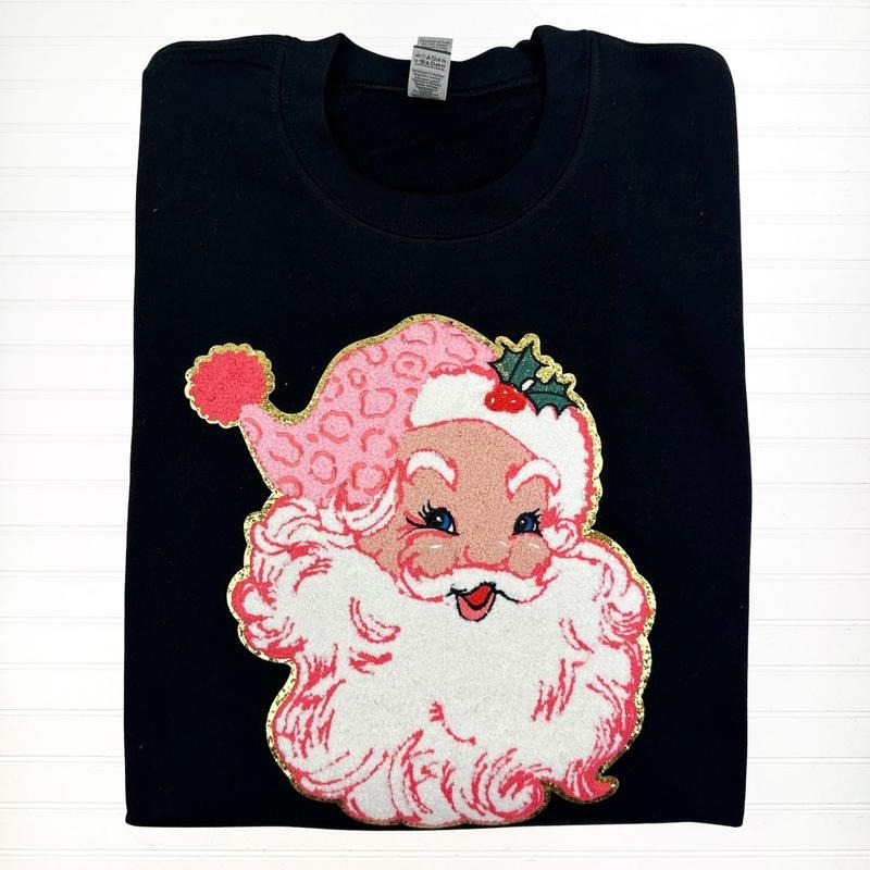 Blushing Pink Santa Patch Sweatshirt --- BLACK