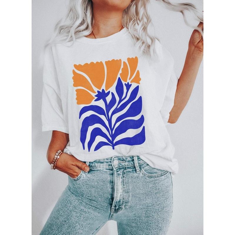 Boho Botanical Blue and Orange Wildflower T-Shirtstyle{n002}2