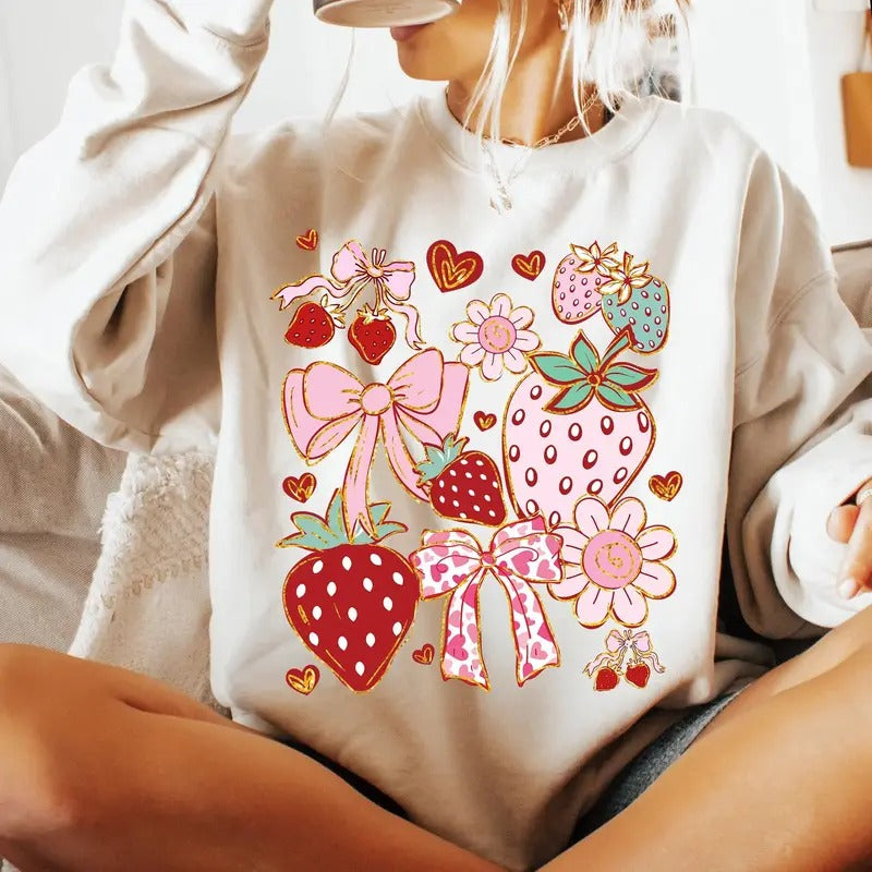 Boho Strawberry Coquette Shirt, Preppy Strawberries Shirt, Strawberry Festival Summer Shirt, Floral Strawberry Shirt, Gift For Her