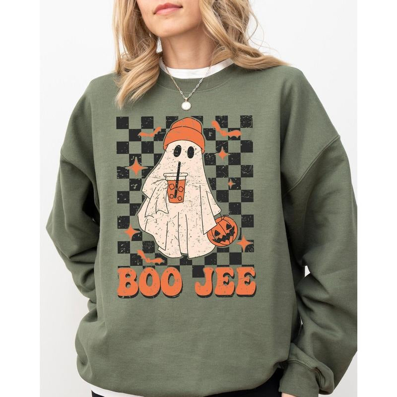 Boo-Jee Ghost, Checkered, Retro, Halloween, Coffee Drink Sweatshirt
