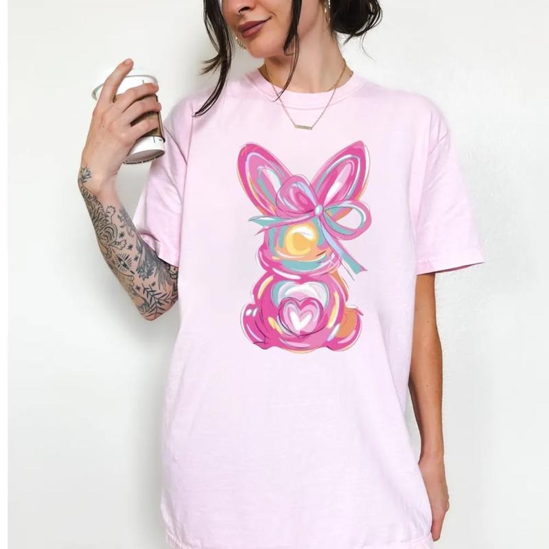Brushstroke Bunny Easter Shirt, Bunny Coquette Bow T Shirt, Pink Rabbit Easter Tee, Retro Girly Shirt, Unisex Short Sleeve Tee, Casual Clothing