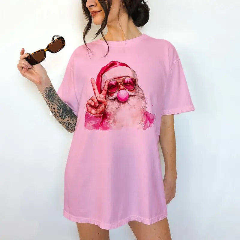 Bubblegum Santa- T-Shirt -  Print is Sublimation, Unisex Non-Fitted, Funny Graphic, Gift Idea, Relaxed Fit, Casual Apparel,