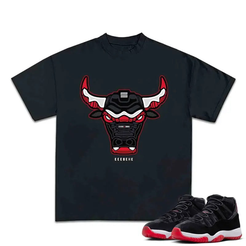 Bull Bred Velvet Match 11s Bred Velvet Sneakers Outfits, Embrace Streetwear with Graphic Tee Cotton T-shirt, Y2K, Hip Hop, Rap Style